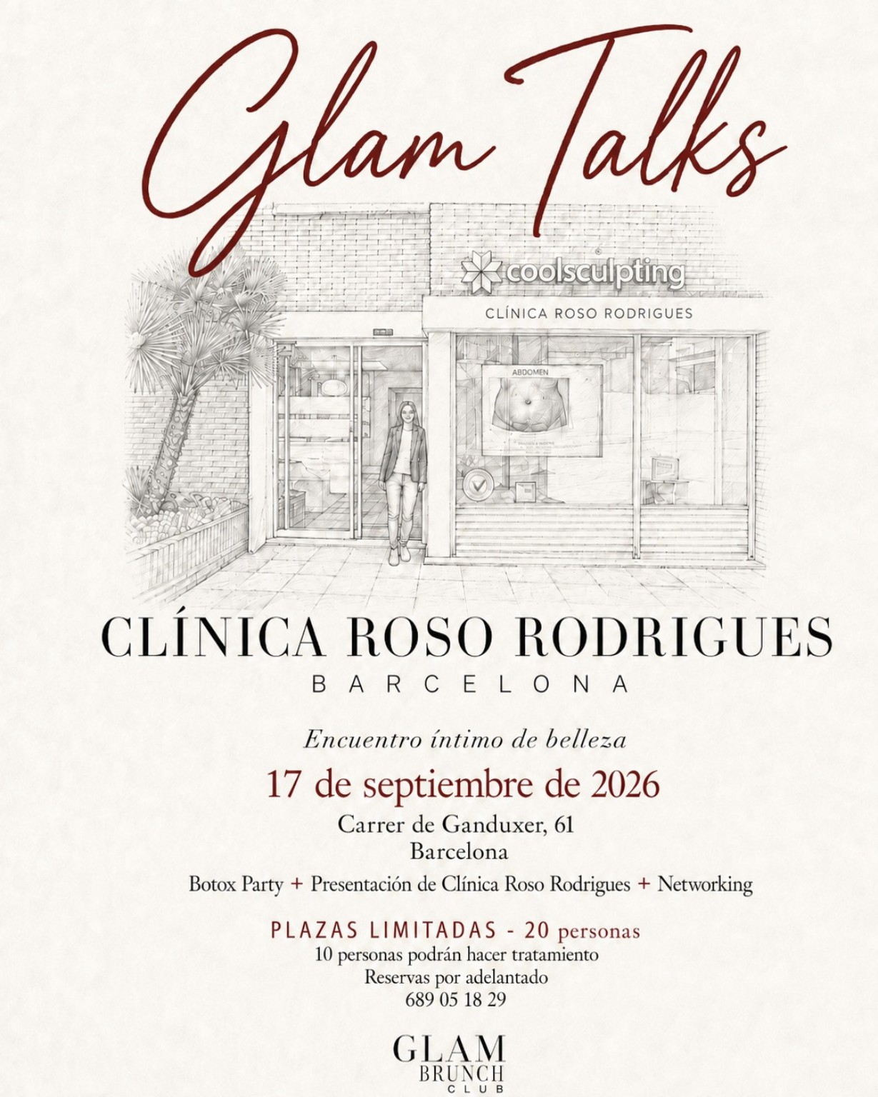 Flyer completo de Glam Talks en Clínica Roso Rodrigues
