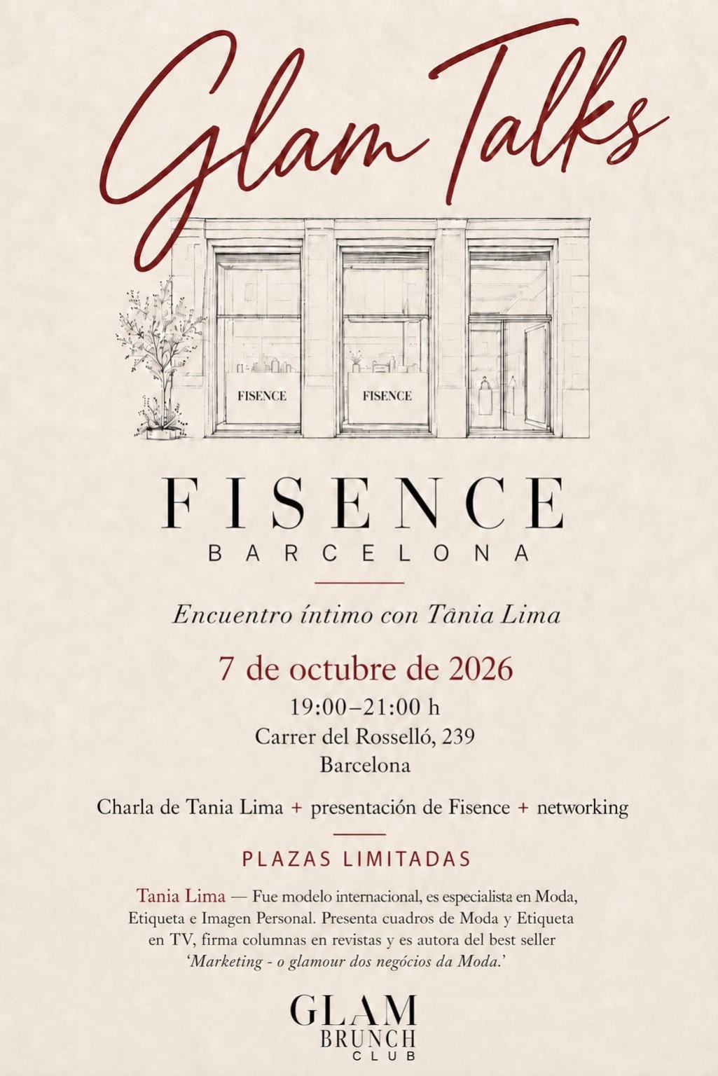 Flyer completo de Glam Talks con Tânia Lima en Fisence Barcelona