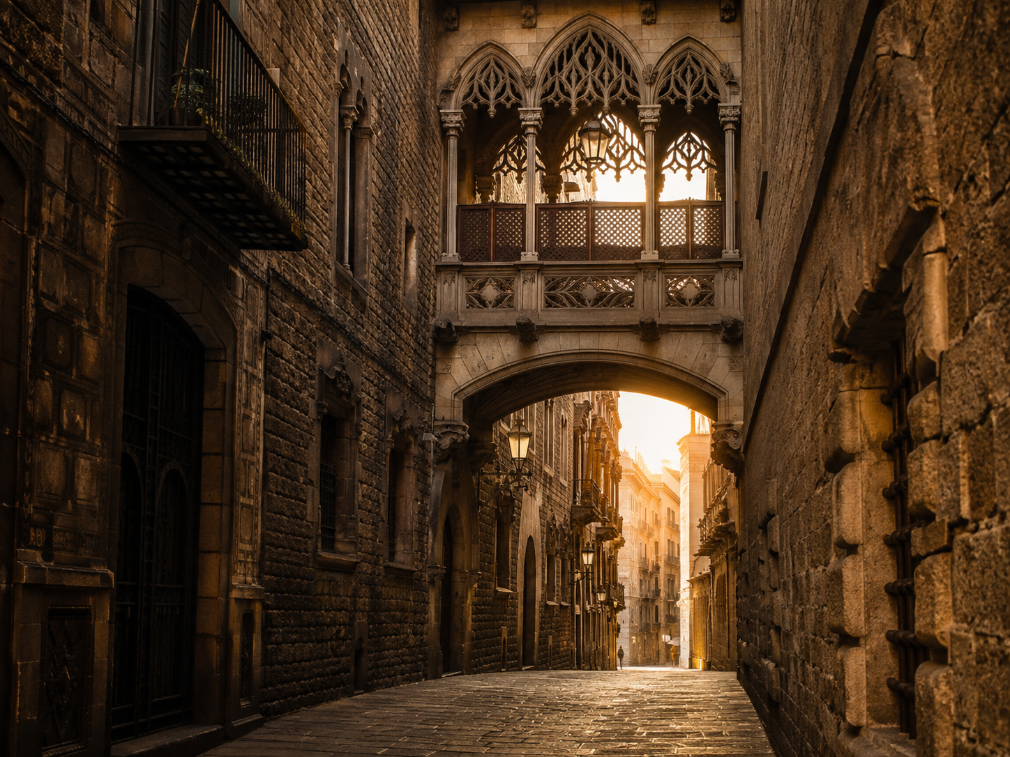 Calle medieval misteriosa del Barrio Gótico de Barcelona al atardecer